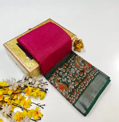 Floral Paisley Printed Pallu Soft Linen-Cotton Saree
